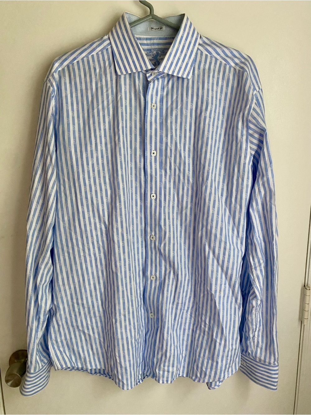 Men’s Bugatchi Blue & White Striped Floral Embroidered Button Up Shirt